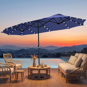13ft Patio Umbrella Double Sided Outdoor Umbrella Table Umbrella with Solar lights Pool (Navy)