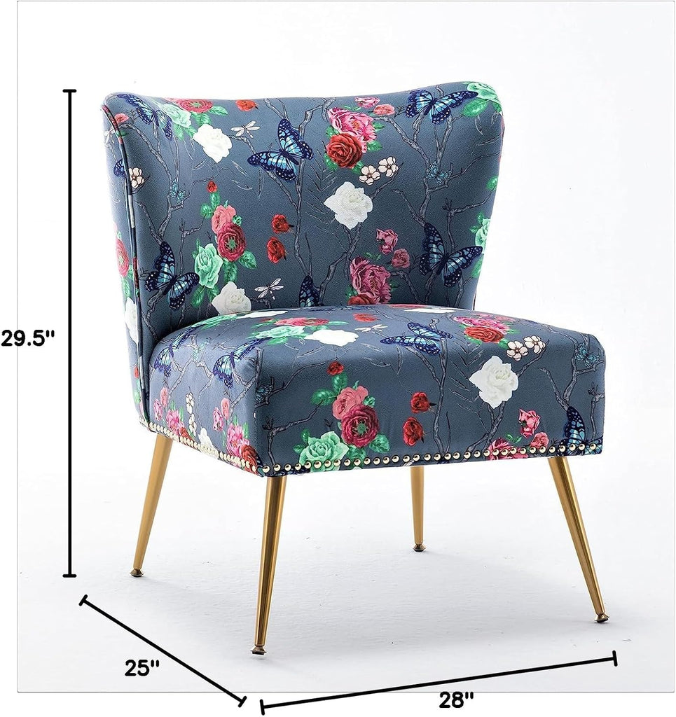 Thia Armless Accent Chair , Elegant Seat with Nailhead Trim, Gold Metal Legs and Comfortable Curved Back, 28" D x 25"