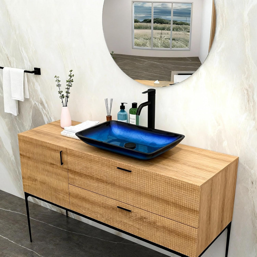 22"×14.25" Vessel Sink, Bathroom Sink Above Counter Amber Blue Gradient Tempered Glass Bowl Square Sink for Bathroom, Tempered Glass Vessel Sink with Pop-up Drain (no Faucet)
