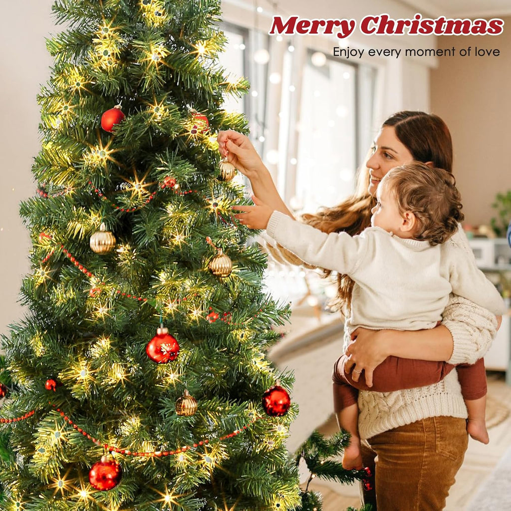 Pre-Lit Pencil Artificial Holiday Slim Christmas Tree with Warm Lights and Metal Base Stand , Party Decoration,Green
