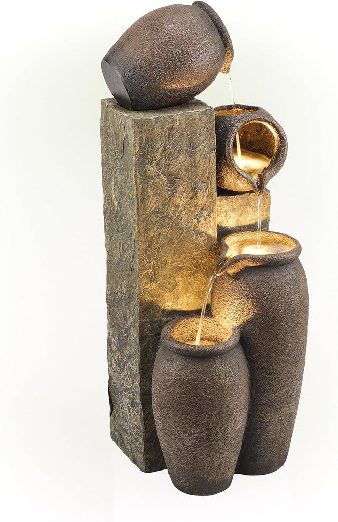 43" Tall Indoor Outdoor Pottery Fountain with Replaceable LED Lights, Water Feature Decor, Brown