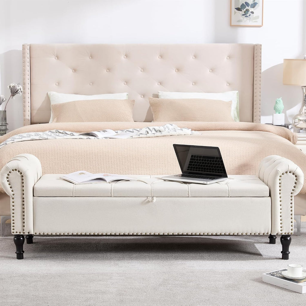 67 Inch Storage Bench , King Size End of Bed Bench, Upholstered Bench with Rolled Arms, Linen Tufted Button Storage