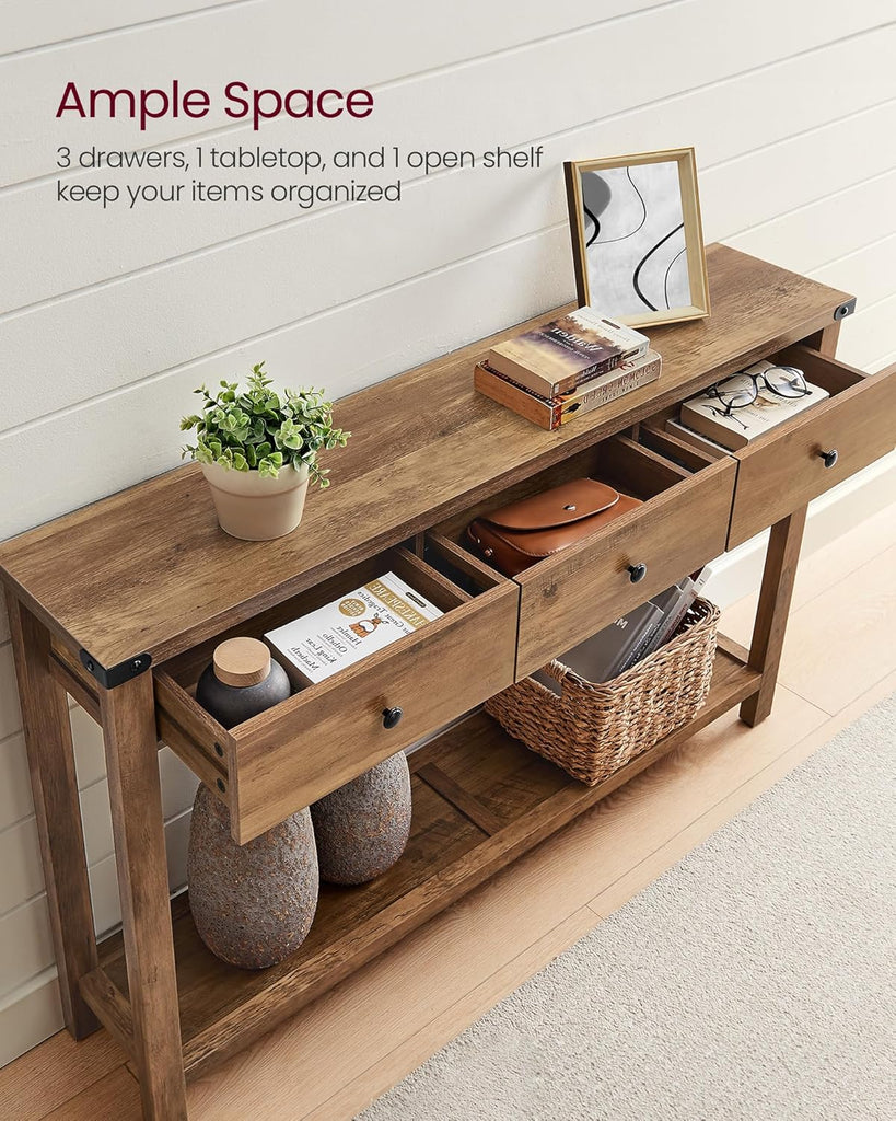 Console Sofa Table, Narrow Entryway Table with 3 Drawers, Open Storage Shelf, Metal Corners, , Farmhouse