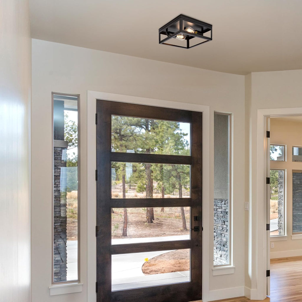 Indoor/Outdoor Flush Mount Ceiling Light, 2-Light Square, Black | Farmhouse Style, Close to Ceiling, Entryway Light