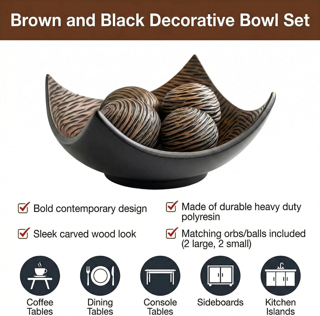 Centerpieces for Table Decor, 5pc Decorative Scoop Bowl, Brown | Coffee, Dining & Kitchen Table Centerpiece, 4