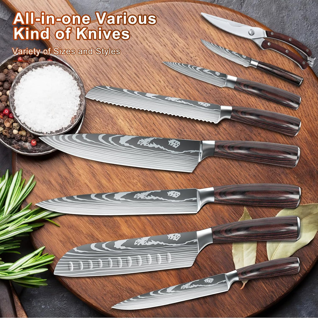 Kitchen Knife Set, 15 Pieces Knife Set with Block and Sharpener | High Carbon Stainless Steel Chef Knives Sets with