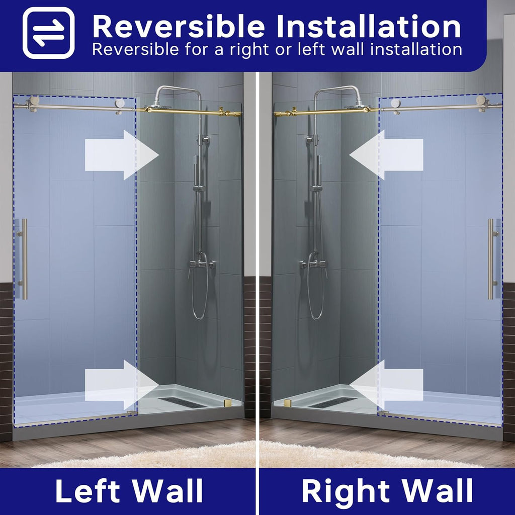 Frameless Sliding Shower Door, 44"-48" Width, 76" Height, 3/8" (10 mm) Clear Tempered Glass, Brushed Gold Finish