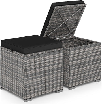 Patio Ottoman Set of 2, Outdoor Wicker Stools with Storage, Rattan Footrest Ottoman with Solid Metal Frame and