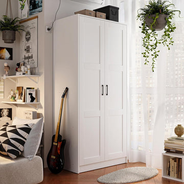 Fddevelop Wood White Wardrobe Closet with 2 Doors,Bedroom Freestanding Armoire Storage Cabinet with Shelves,Wooden