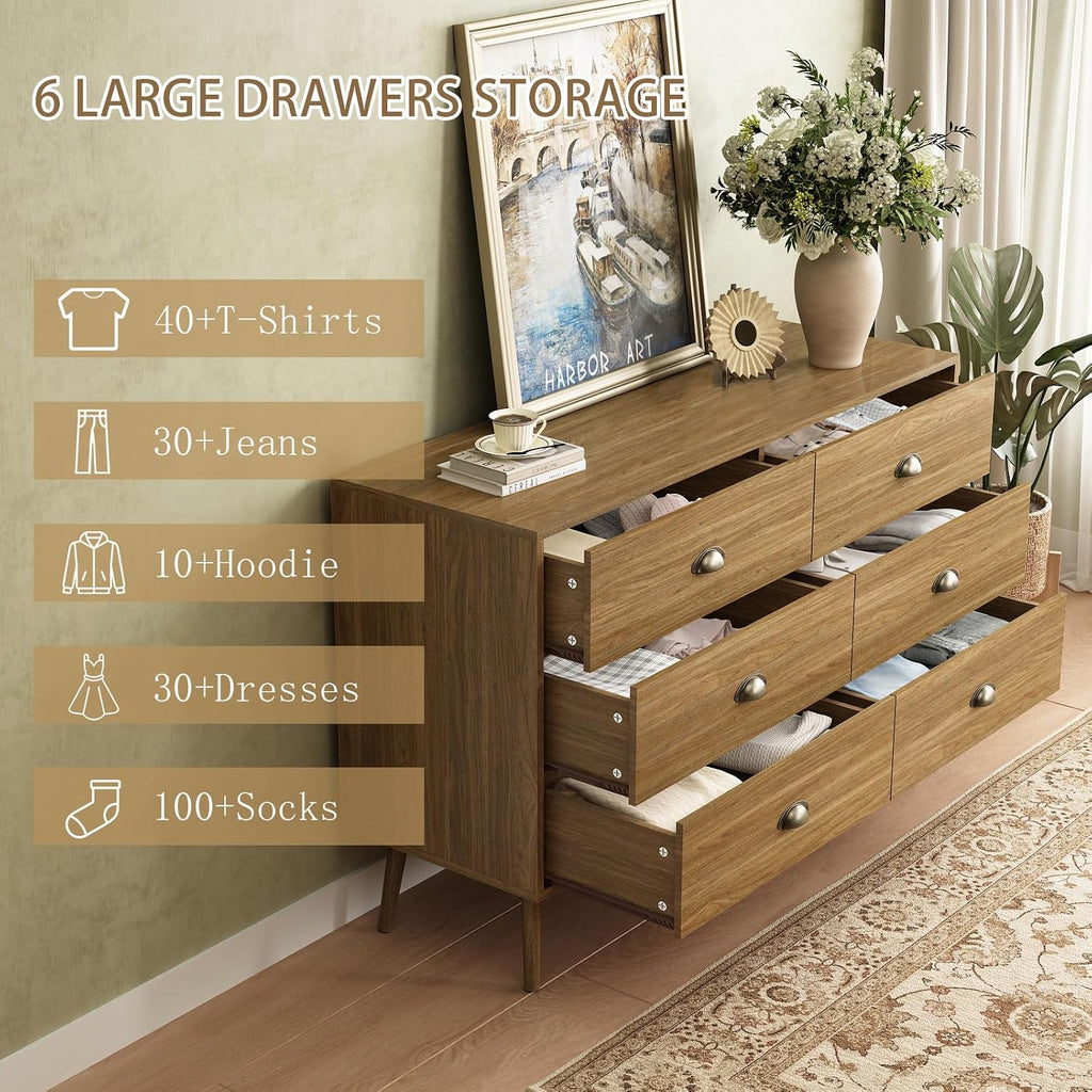 Dresser Wide Mid Century Modern Chest of Drawers,Wooden Bedroom Dresser with 6 Storage Drawers ,Oak