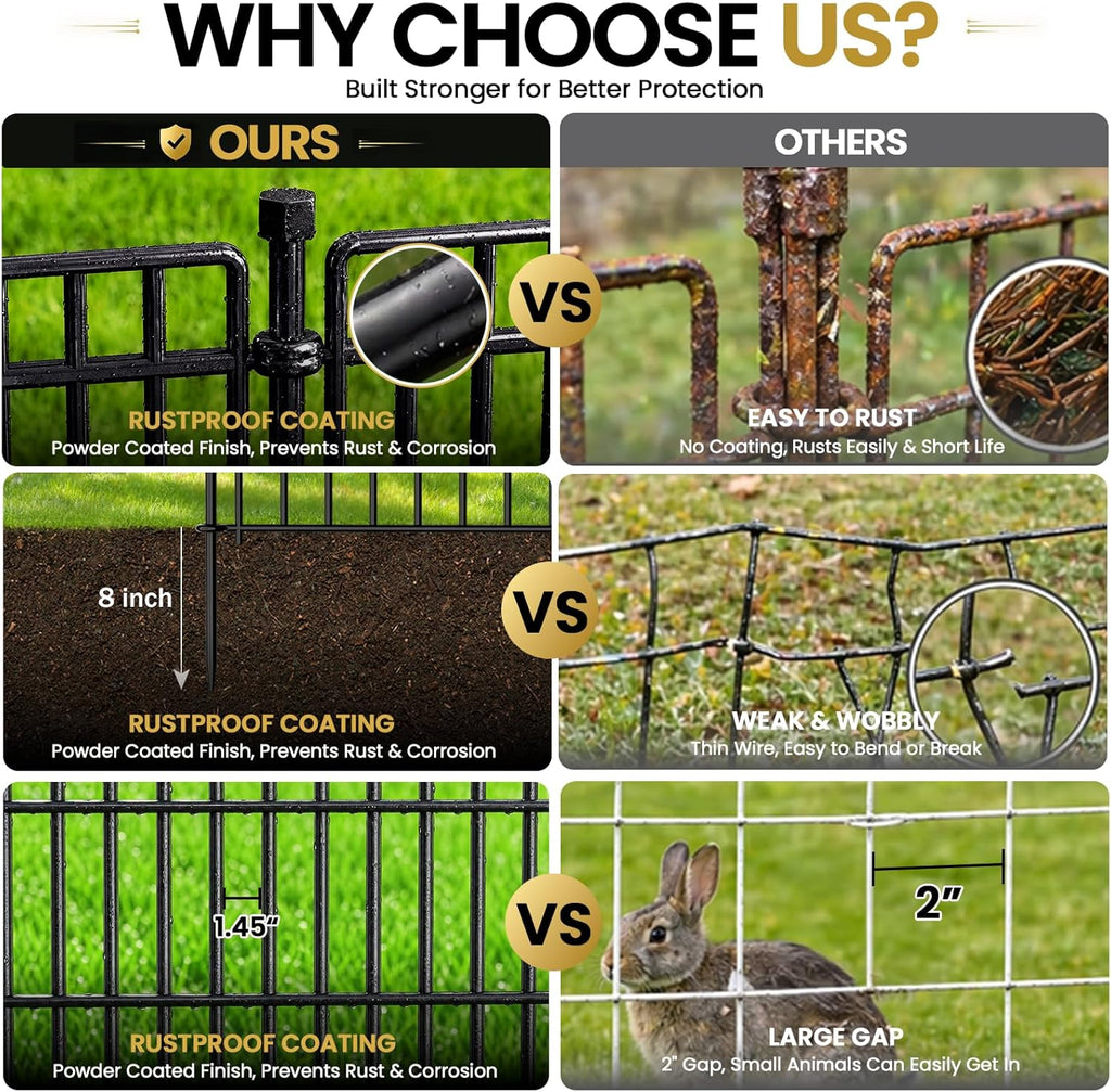 8 Panels No Dig Garden Fence with Gate, 48in(H) × 21ft(L) Decorative Metal Outdoor Dog Fence, Rustproof Pet Fencing