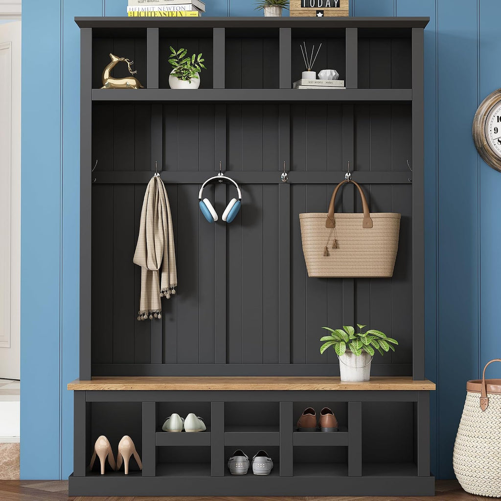 Farmhouse Wood Hall Tree with Bench and Shoe Storage, 5-in-1 Coat Rack with 6 Hooks for Entrance, Hallway Black