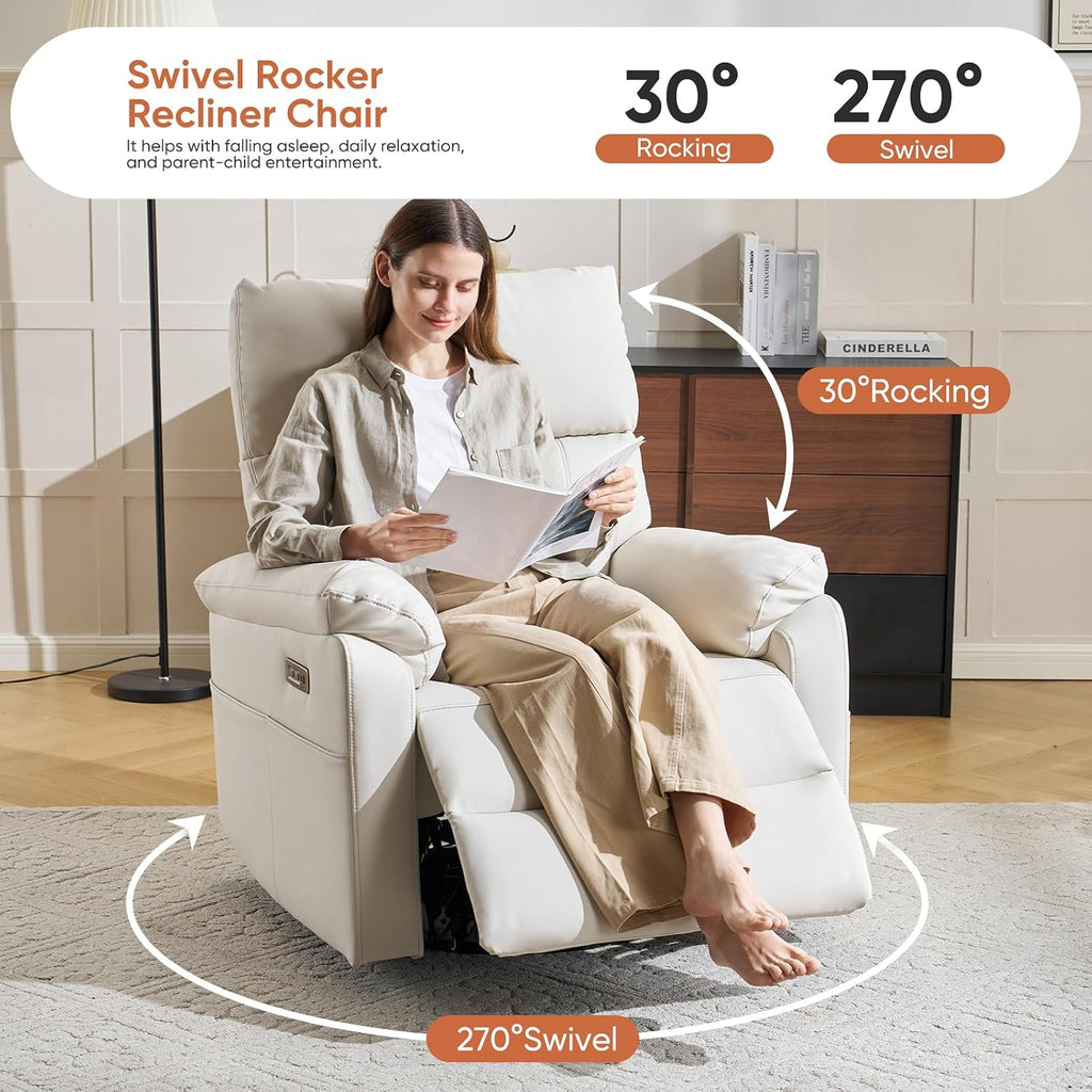 Power Recliner Chair with Adjustable Lumbar Support, Swivel Rocker Recliner with Overstuffed Armrests, Nursery Glider