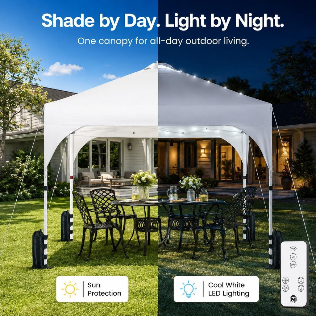 10x10ft Pop Up Canopy Tent Built-in Solar LED Lights UPF 50+, White
