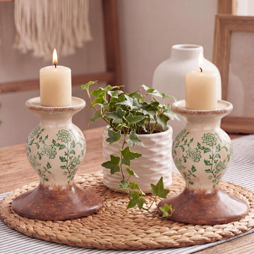 2 Pcs Terracotta Pillar Candle Holders Floral Sculptural Taper Candlestick Rustic Farmhouse Decorative Candleholders