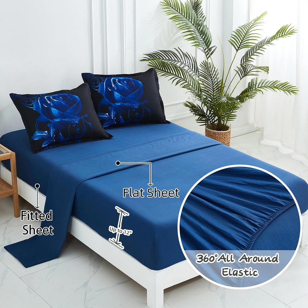 Blue Comforter Set 7 Piece Bed in a Bag Blue Rose Comforter with Sheet Set Soft Micorfiber Reversible