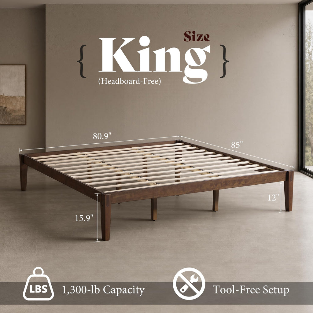 Solid Wood King Bed Frame, Tool-Free, Japanese Joinery Bed, Walnut