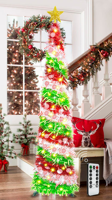 5FT Pop Up with 8 Rmote Lights Modes - 3 Color Sequin Tinsel, Collapsible Artificial Pencil Christmas Trees
