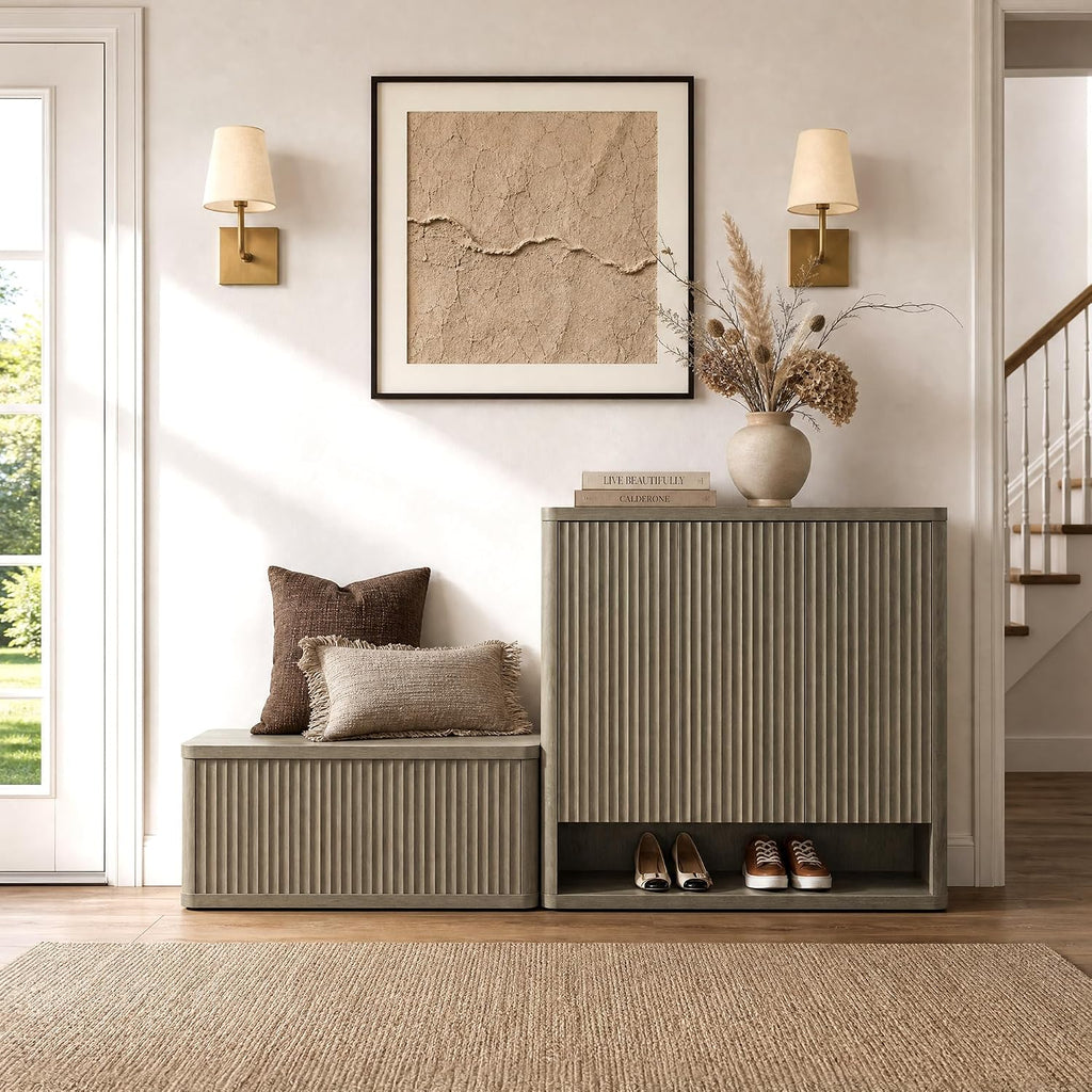 Storage Bench 40.2" Wide Shoe Bench with Lift Top Large Wooden Storage Chest Trunk Modern Blanket Chest with 2 Safety