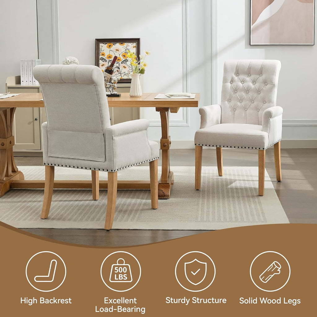 Fabric Dining Chair with Arms, Upholstered Tufted High Back Dining Room Chairs, Accent Armchair with Solid Wood Leg