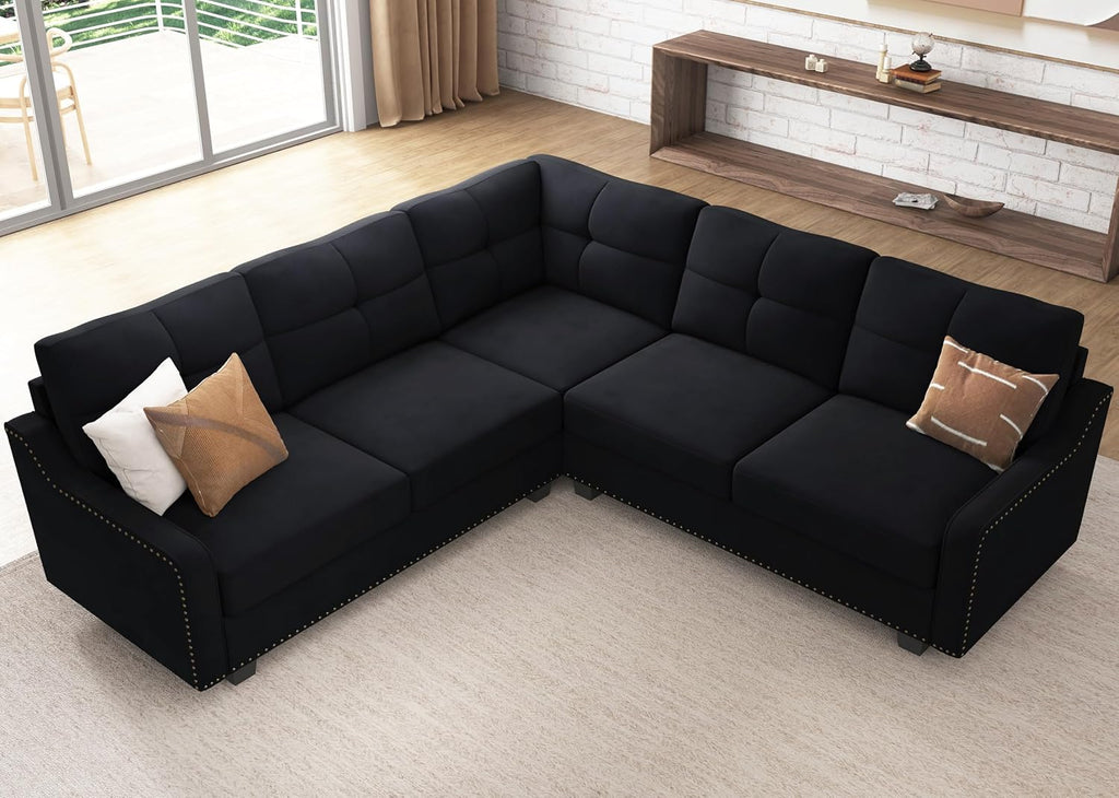 Convertible Sectional Sofa L Shaped Couch for Small Apartment Reversible Sectional Couch ,Velvet Black