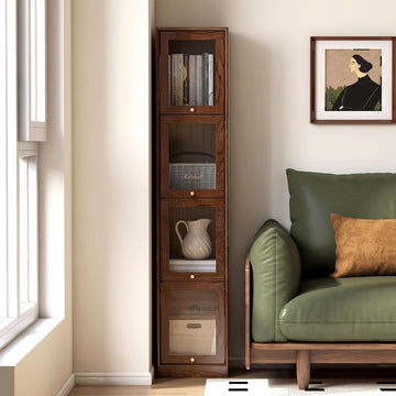 Solid Oak Narrow Wood Bookcase, 4 Tier Skinny Storage Cabinet with Tempered Glass Flip-Up Doors, Slim 4 Cubes Display