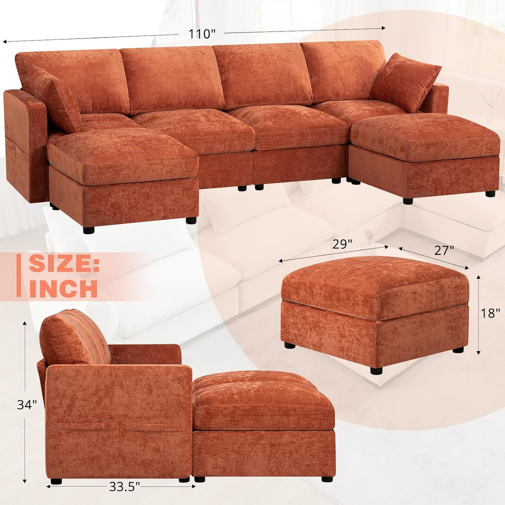 110” Chenille 4 Seater Sofa W/Movable Ottomans, Modern Fabric U-Shaped Couch w/Soft Backrests