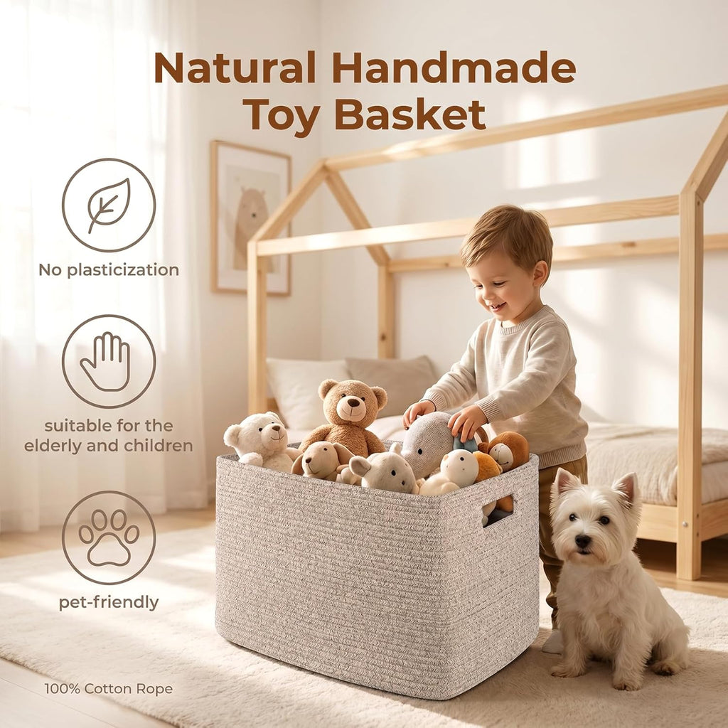 75L Large Blanket Basket, 22"x17"x12" Woven Cotton Rope Storage Basket with Handle for Organizing Blanket and Toys