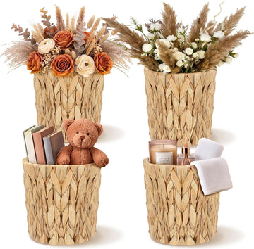 Set of 4 Water Hyacinth Planter Basket Boho Rattan Handwoven Storage Baskets Cottage Rustic Farmhouse Woven Rustic