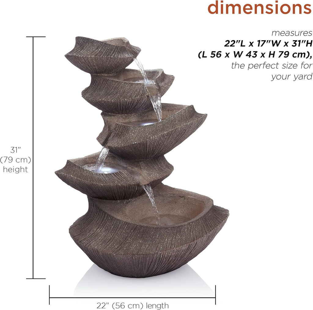 Outdoor Floor Tiered Basin Fountain with LED Lights, Modern Basin Garden Fountain 31", Brown