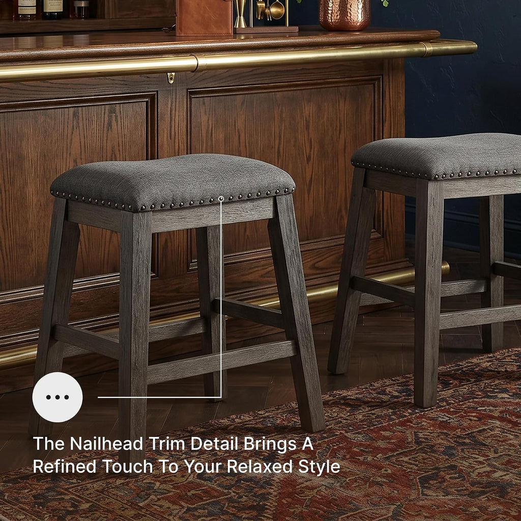 Caitbrook Rustic 24.4" Counter Height Upholstered Barstool, 2 Count, Gray