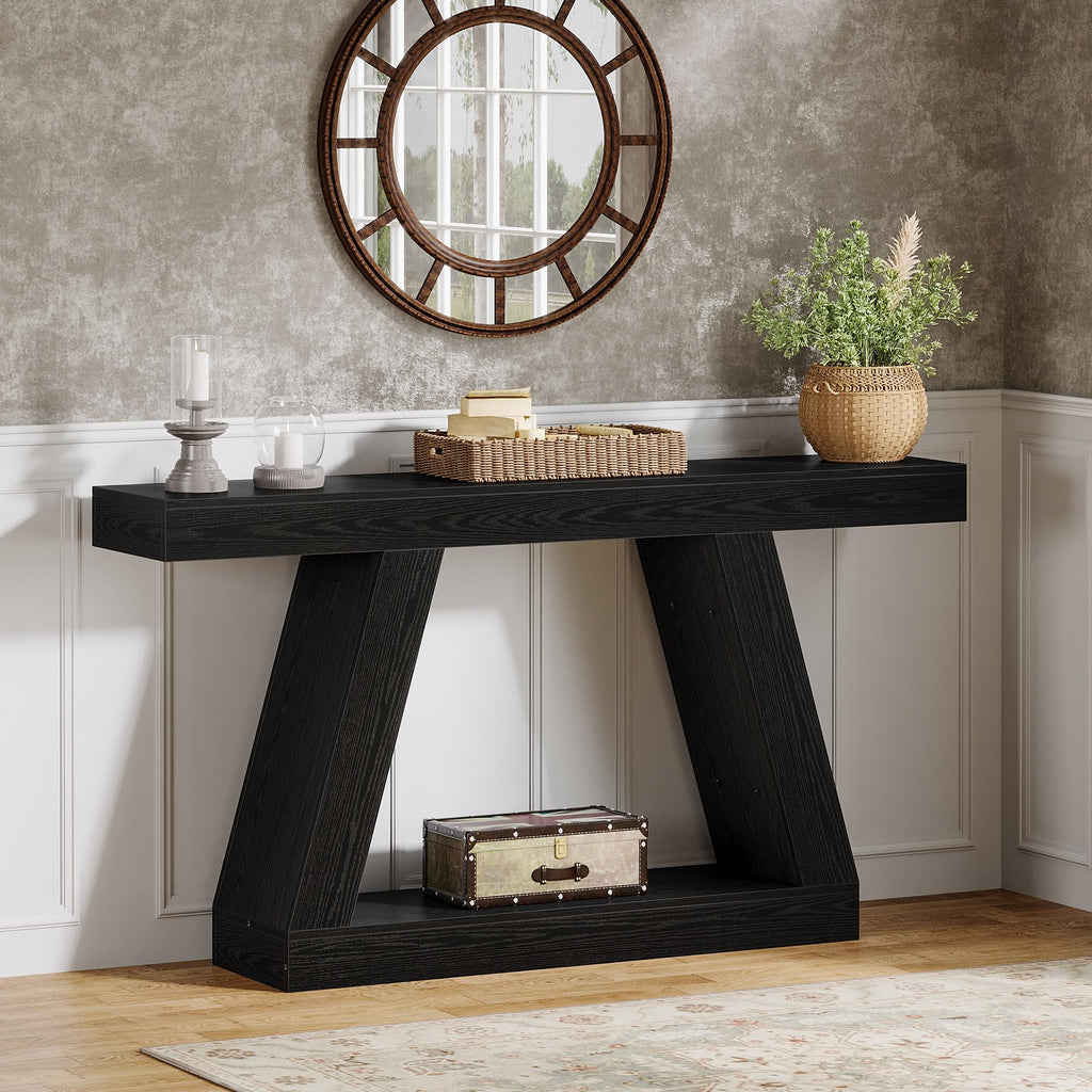 Farmhouse Console Table, 55-Inch Rustic Sofa Table with Storage, Industrial Wooden Entryway Table, Black & Brown