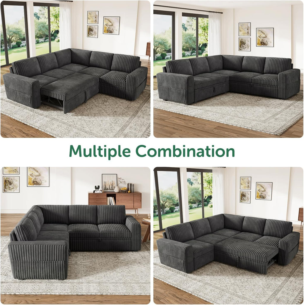 Modular Sectional Sleeper Sofa with Pull Out Bed,Corduroy L Shaped Couch with Storage, Sectional Couches ,Dark Grey