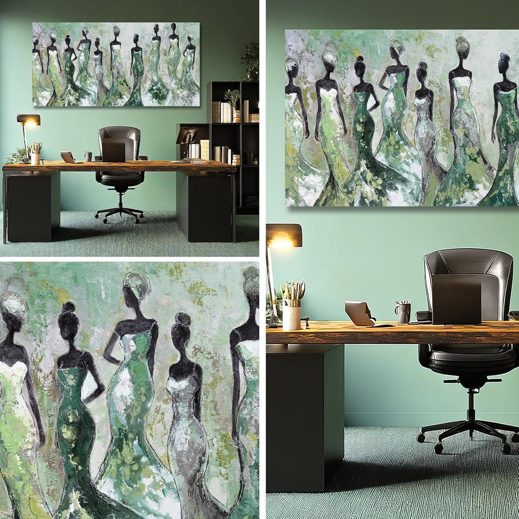 Green Abstract Figure Wall Art, Black Modern Horizontal Canvas Print, Aesthetic Fashion Artwork