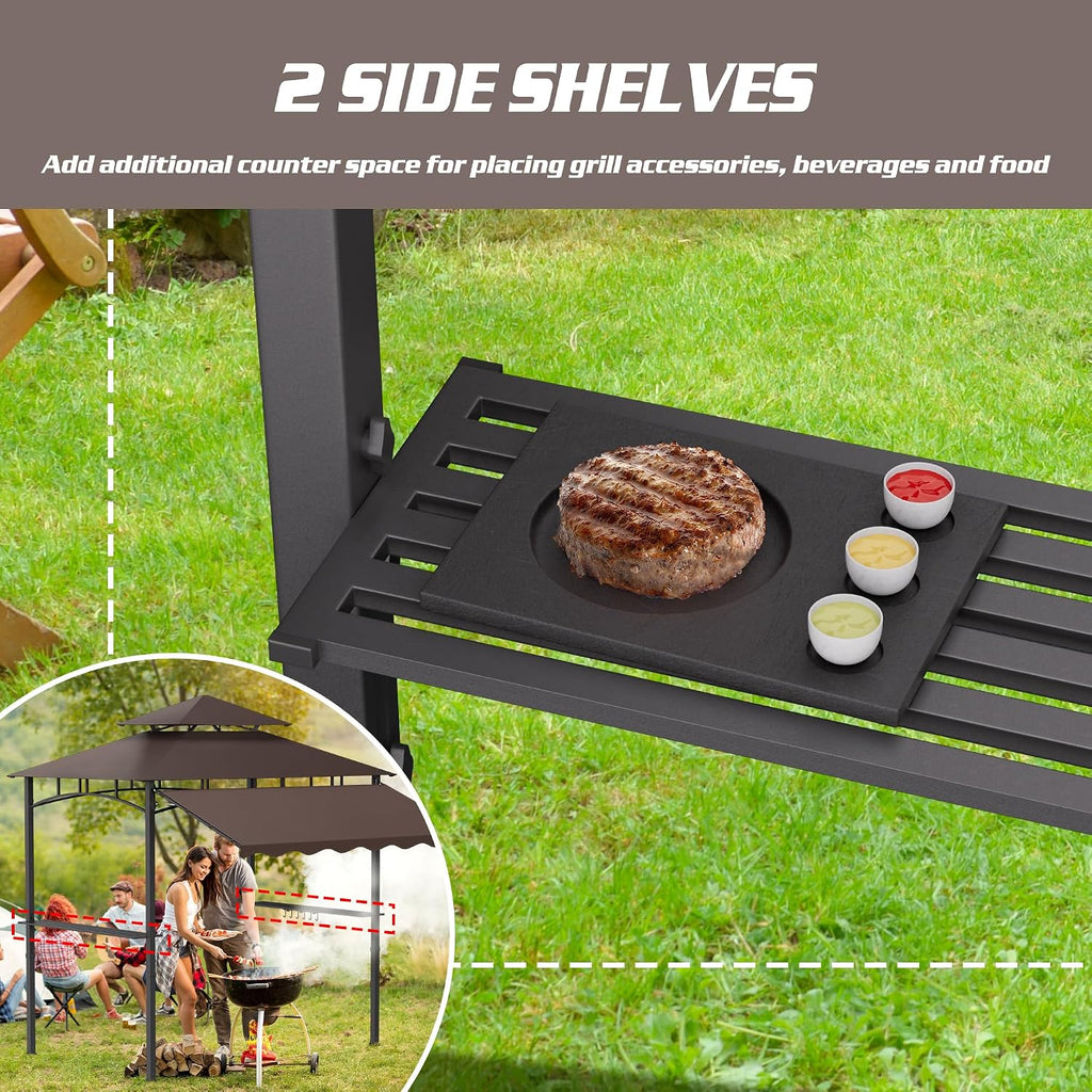 8'X8' Grill Gazebo Canopy - Heavy Duty Steel Frame, Double Tiered Grill Canopy Grill W/Shelves, Ceiling Hooks
