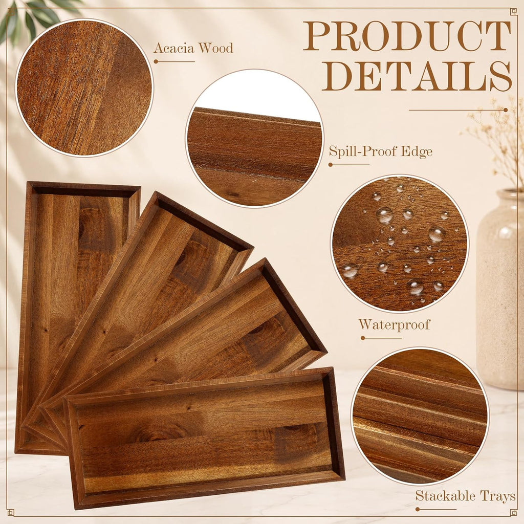Wooden Acacia Serving Platter Set of 4, 13.8 x 5.9 Inch Rectangular Trays for Charcuterie Board Sushi Appetizers