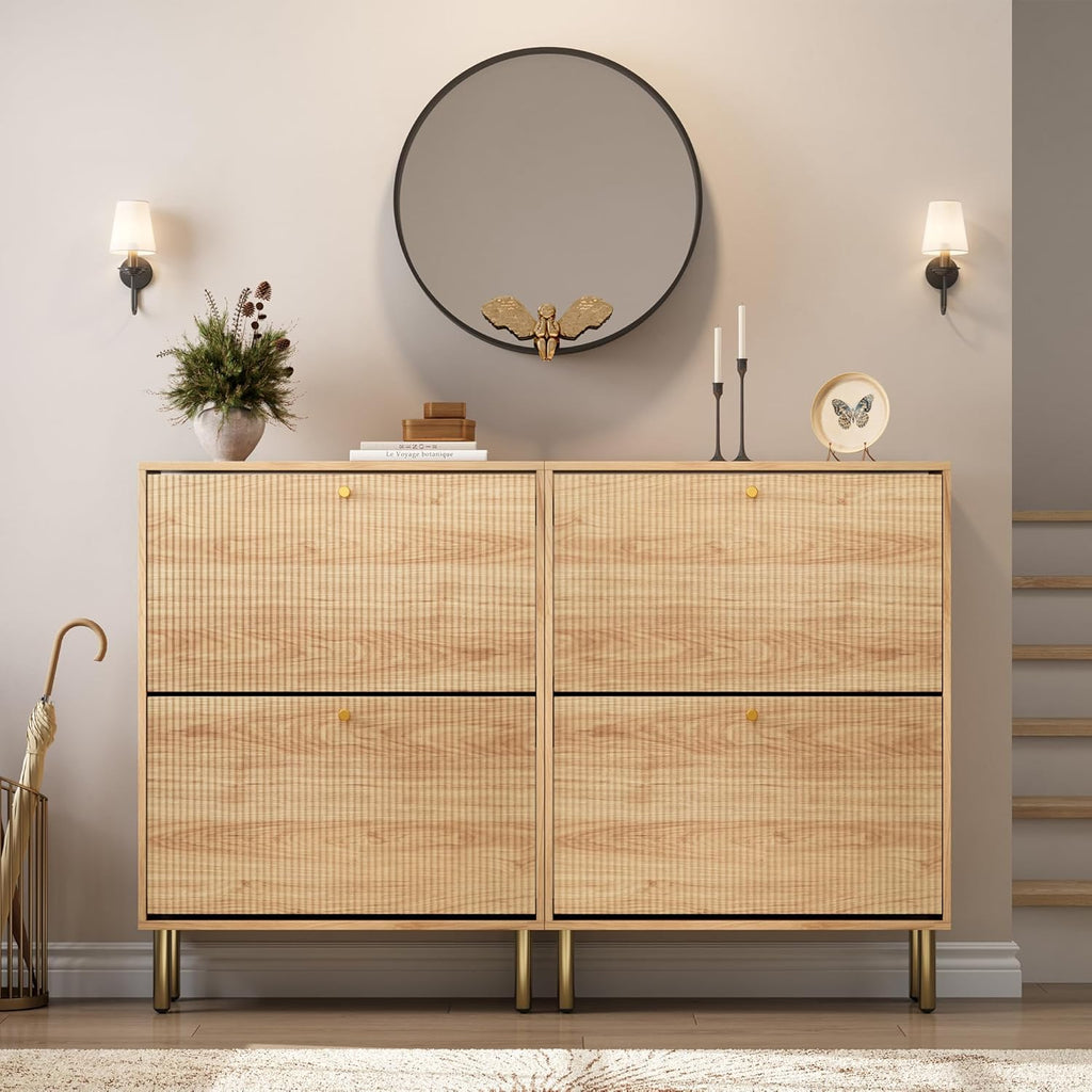 Shoe Storage Cabinet - Flip Shoe Cabinet with Tiered Fluted Design - Slim Shoe Storage Rack with Gold Legs - Narrow