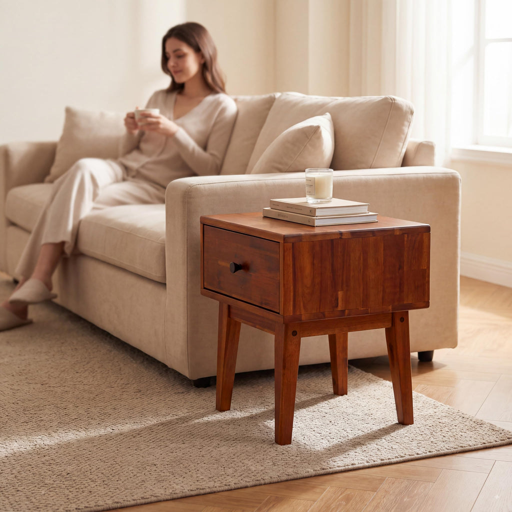 Sofia Nightstand with Drawer, Bedside Table, Solid Wood Bedside End Table with Drawer and Storage Space, Caramel