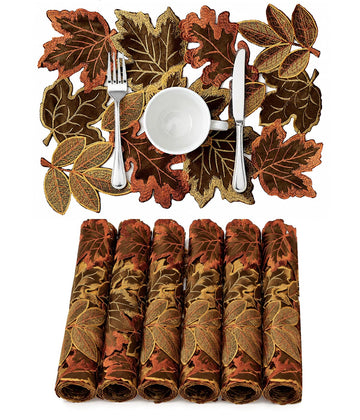 Embroidered Fall Placemats Set of 6, 15 in, Thanksgiving Round Table Mats
