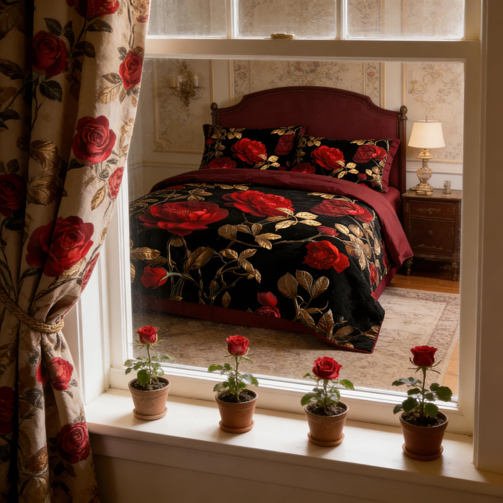 Black Red Rose Comforter Set King, 3Pcs Gothic Floral Bedding