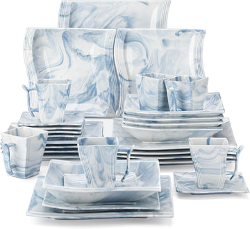 Dinnerware Sets for 6, 30 Piece Porcelain Plates and Bowls Sets, Square Dish Set with Dinner Plate and Bowl