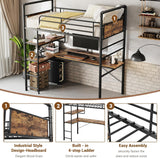 Loft Bed Twin with l-Shaped Desk, Metal Bunk Bed with 2 Open Shelves and Decorative Mesh