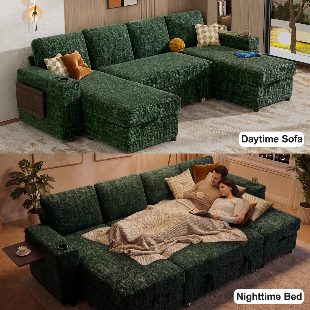108" Modular Sectional Sleeper Sofa with Pull Out Bed, 4 Seat Chenille U Shaped Couch with USB Ports|Cup Holders|Side