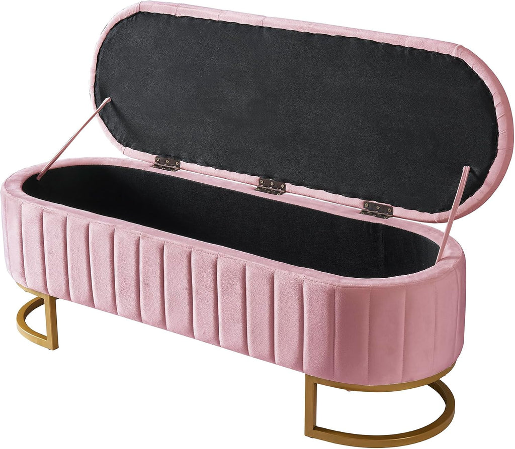 Elegant Upholstered Velvet Storage Ottoman with Button-Tufted, Storage Bench with Metal Legs , Fully Assembled Except