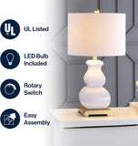 25.5" White/Gold Ceramic Table Lamp Bedroom, White Linen Shade, Modern Footed Vase Bedside Lamp, LED Bulb Included