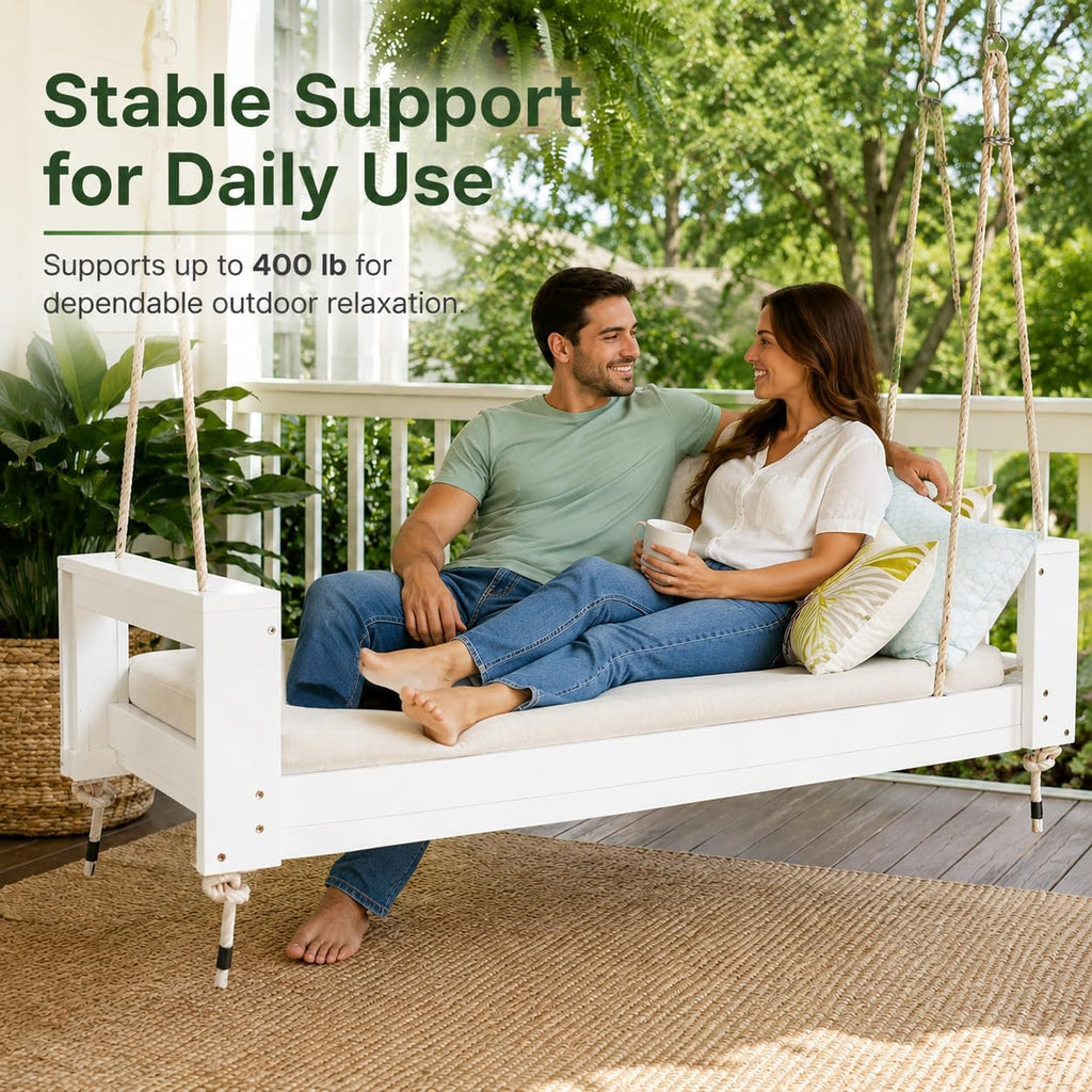 Twin Size Porch Swing Bed, Acacia Wood Outdoor Hanging Daybed Swing with 4 Hemp Ropes and Rope Clips, Wooden Patio