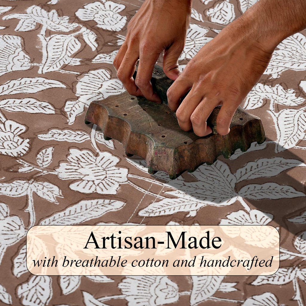 Oak Brown Hand Block Print Rectangle Tablecloth 90x60 Inch