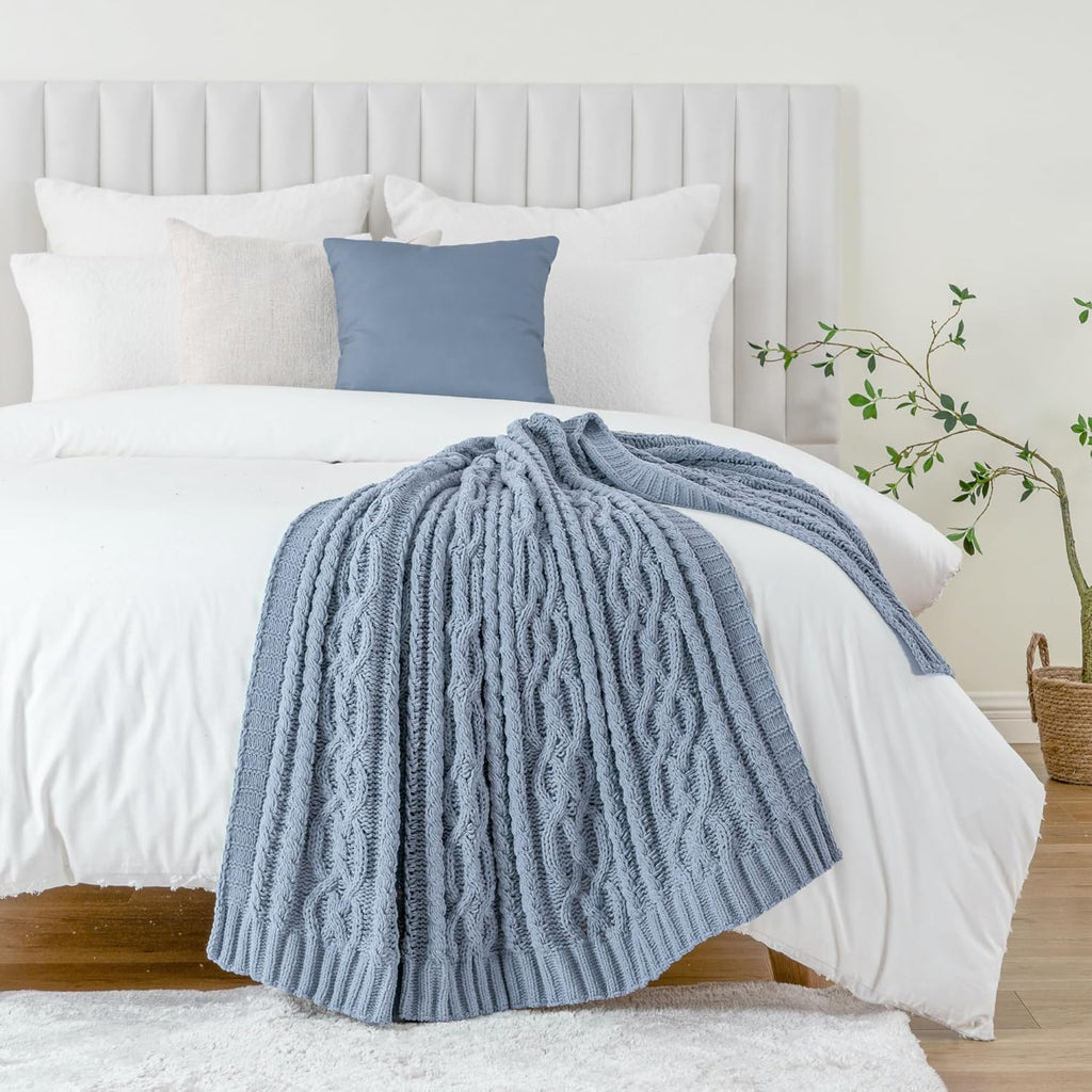 Bluish Grey Throw Blanket,51"x67", Super Soft Warm Cozy Chenille Knit Blankets, Chair, Gift, Texture Decorative Boho