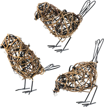 Rattan Bird Statues - 3pc Farmhouse Wicker Home Decor Figurines | Bird decor for table & mantel decor. Handwoven