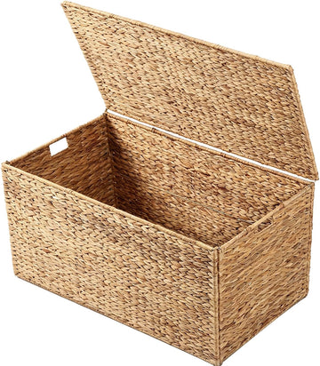 Water Hyacinth Wicker Storage Trunk with Metal Frame 36x20x18.5Inch Large Rattan Basket Decorative Blanket Chest